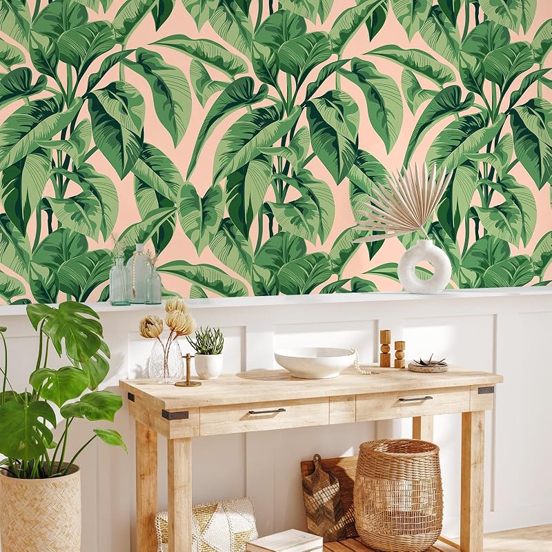 Papel tapiz tropical bohemio rosa autoadhesivo 17.7x354"