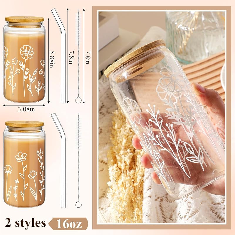 Vaso vidrio con flores tapa bambú pajita 16oz regalo mamá