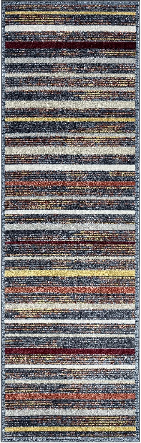 Alfombra moderna a rayas lavable azul/amarillo 2.2x7.2ft