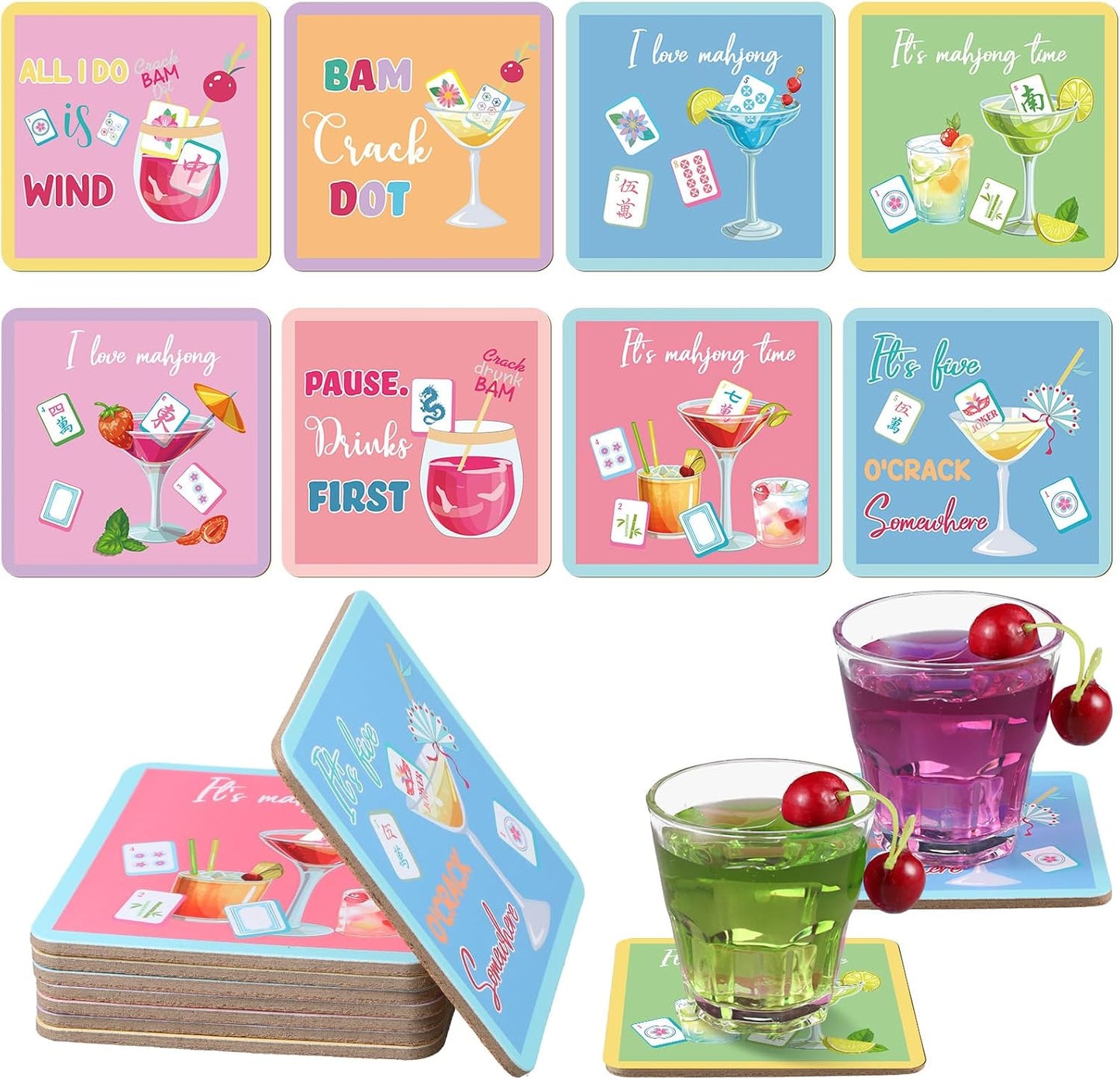 8 Posavasos Mahjong 3.94x3.94pulg para Taza Bebida