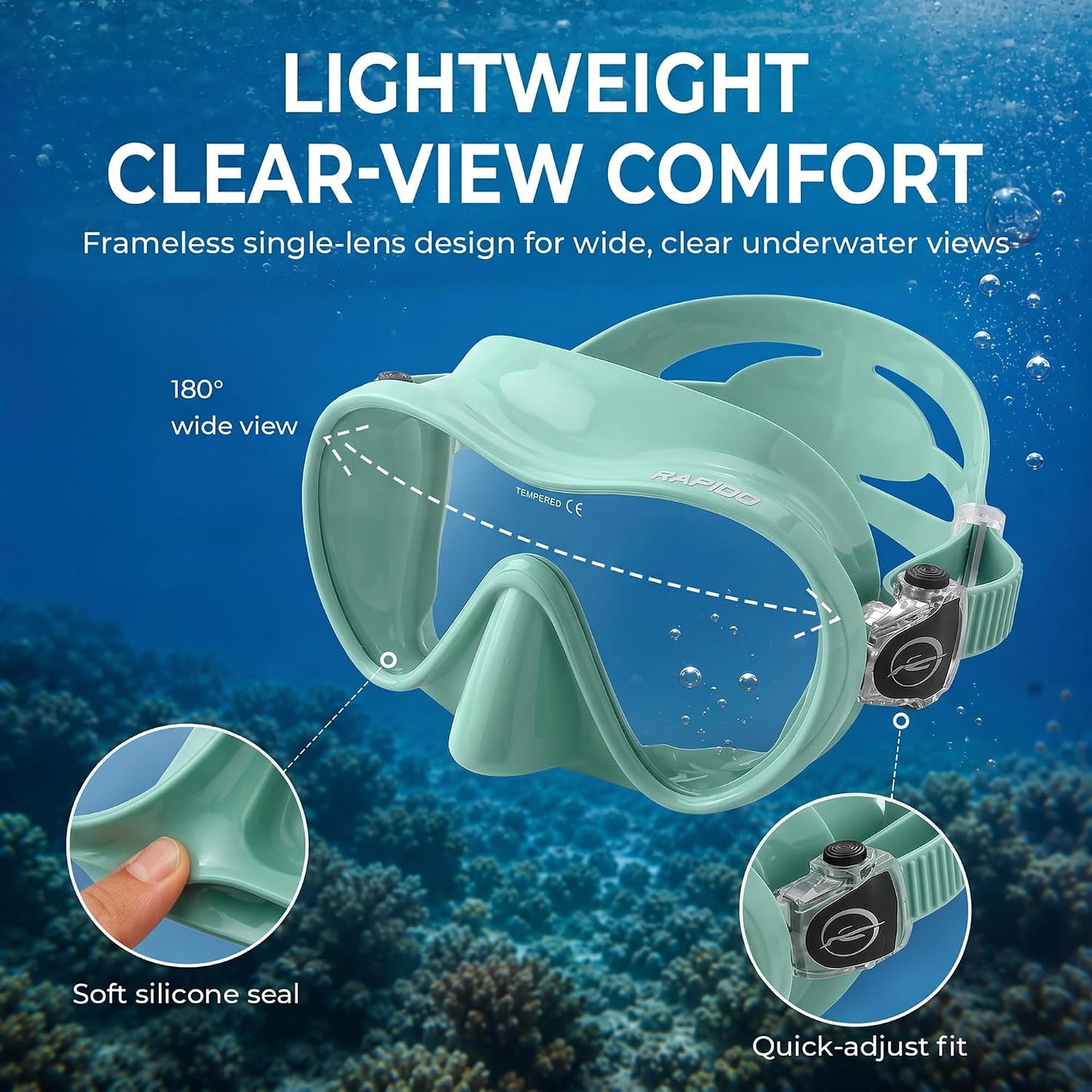 Máscara buceo sin marco vidrio templado 180°