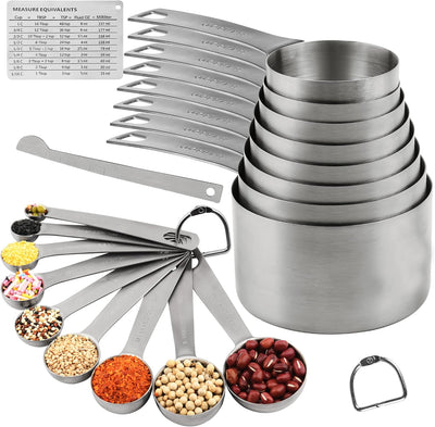 Juego 8 tazas y 9 cucharas acero inox medidoras con tabla magnética
