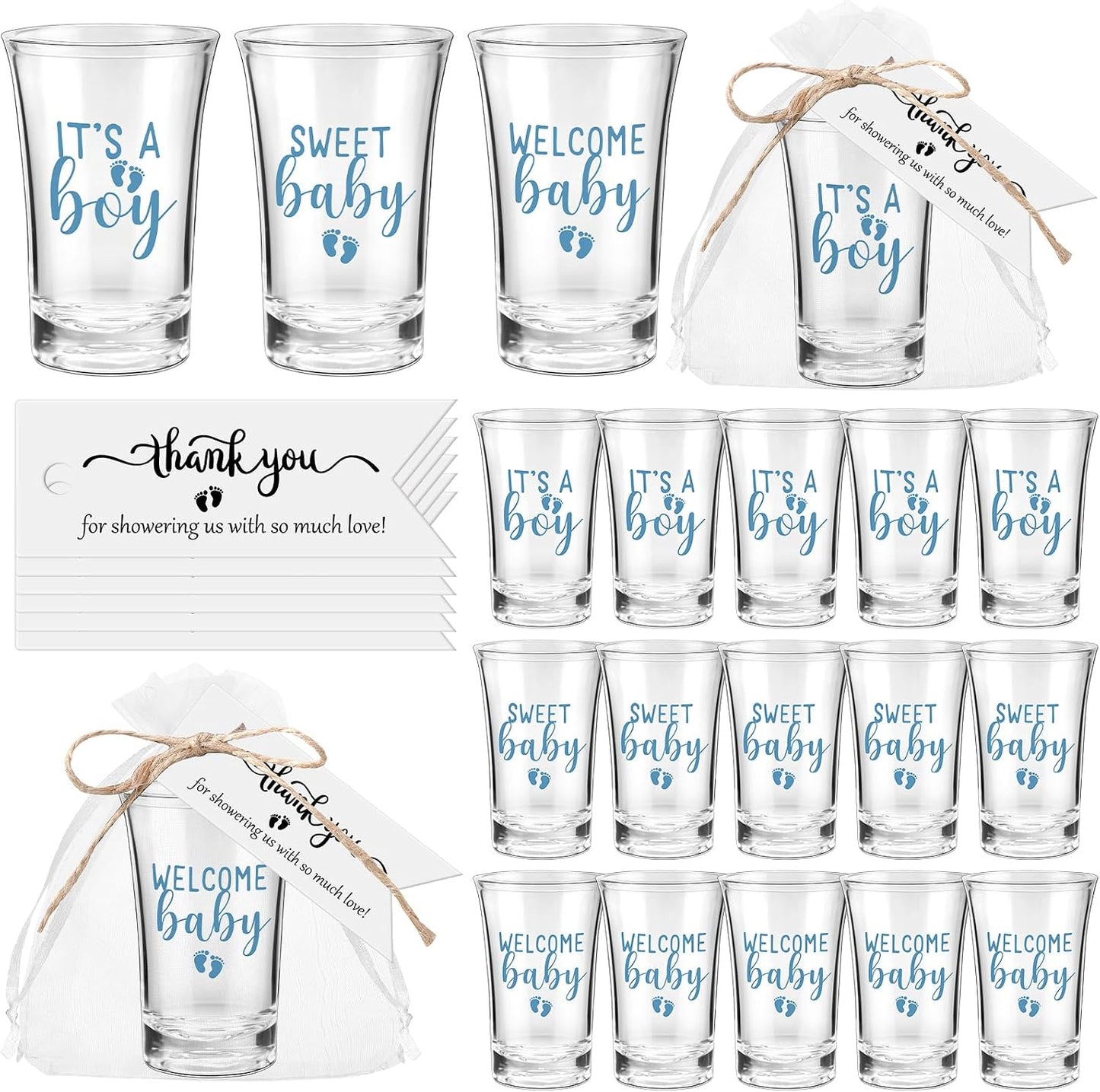 36 Set Baby Shower con Vasos Acrílicos y Bolsa Organza Azul