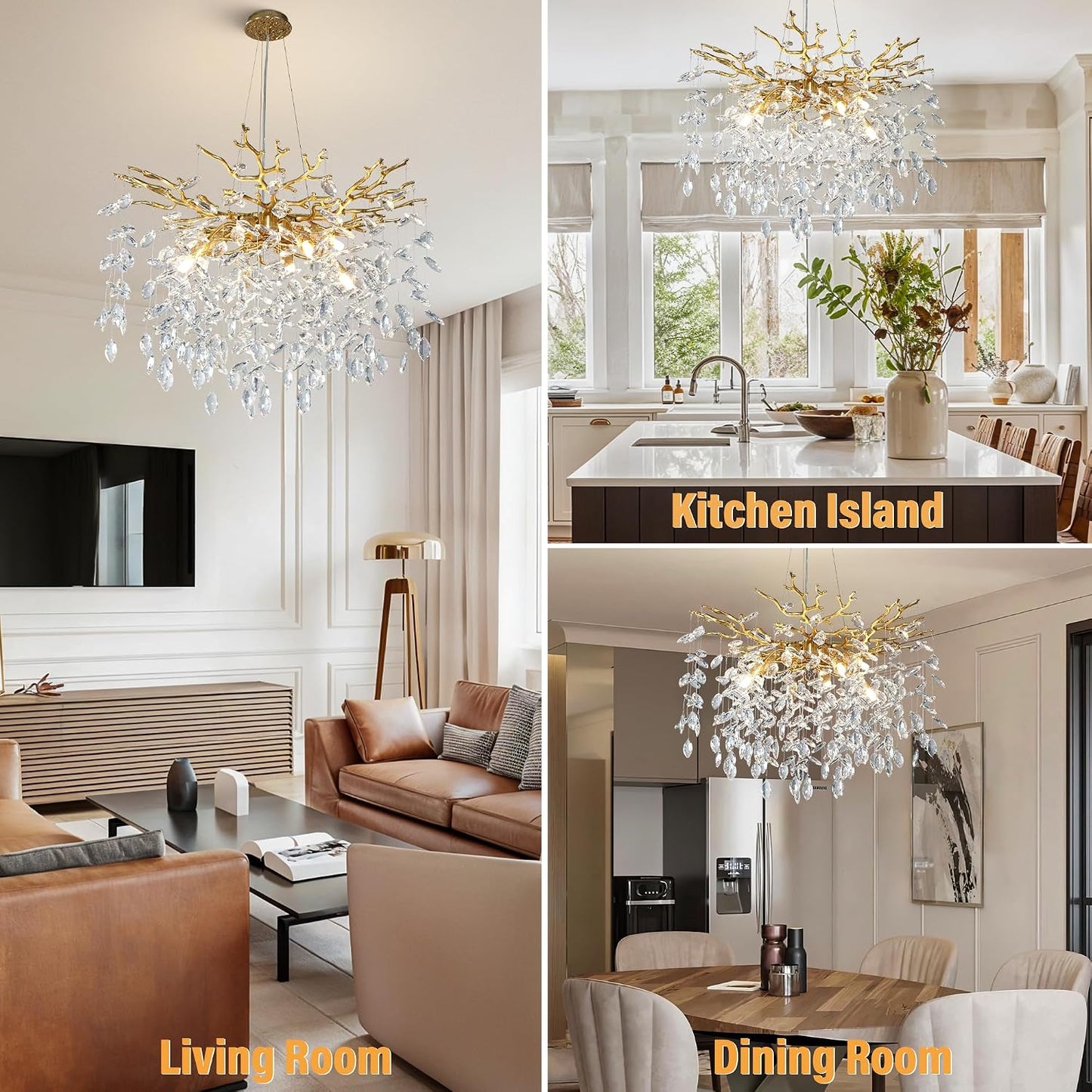 Candelabro moderno de oro con ramas cristal 8 luces