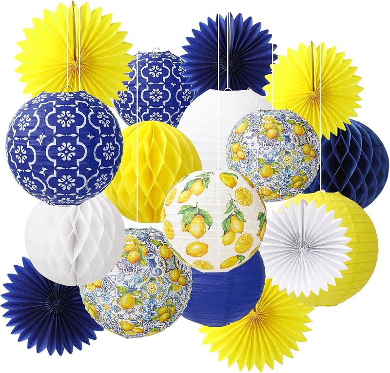 18 Faroles Colgantes Bola Panal Azul Amarillo Blanco