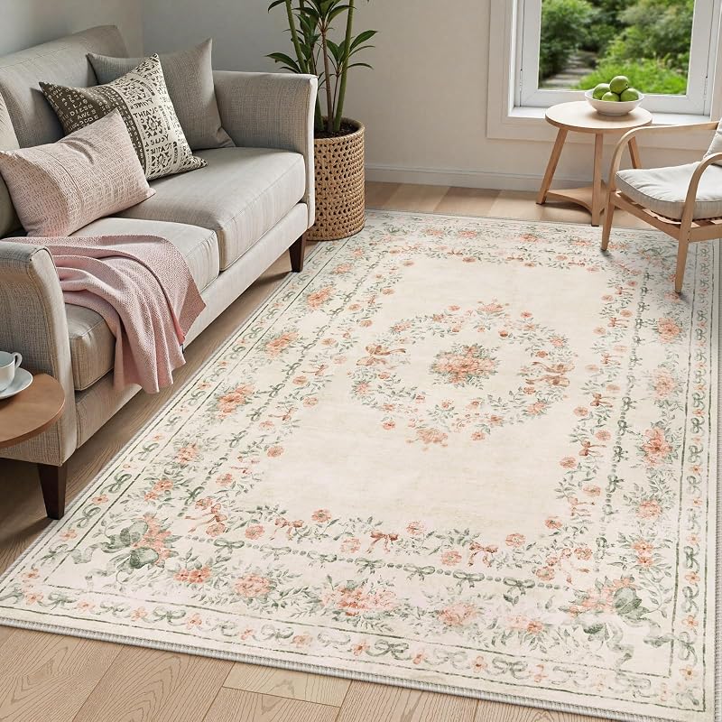 Alfombra lavable lazo floral 5x7ft beige dormitorio sala