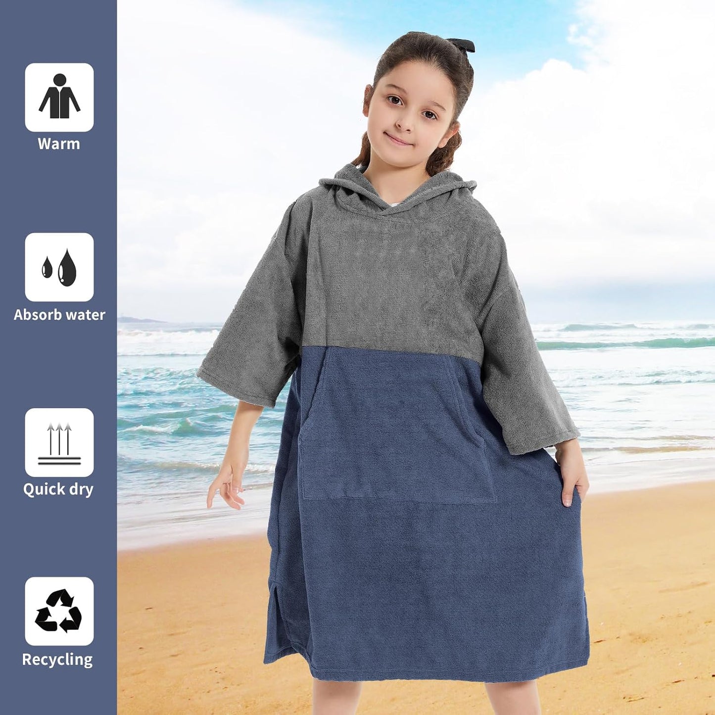 Poncho surf niño con bloqueo color gris azul marino