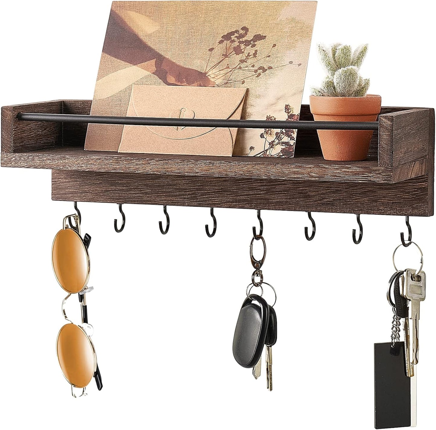 Soporte llaves pared con 8 ganchos madera rústica decorativo