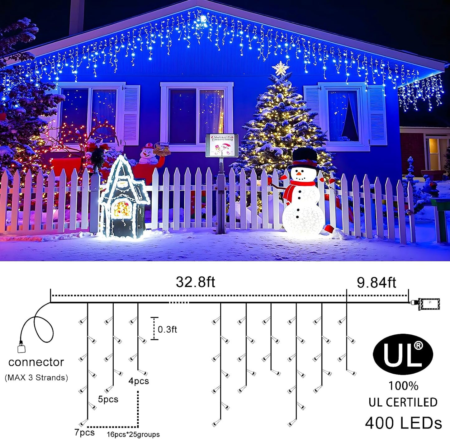Luces Navidad carámbano 33ft 400 LED 8 modos impermeable azul
