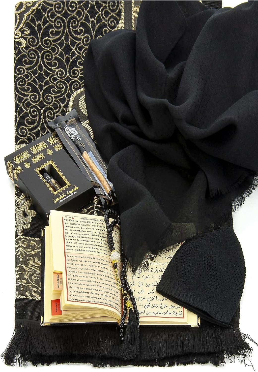 Set regalo islámico con alfombra oración, cuentas y gorro
