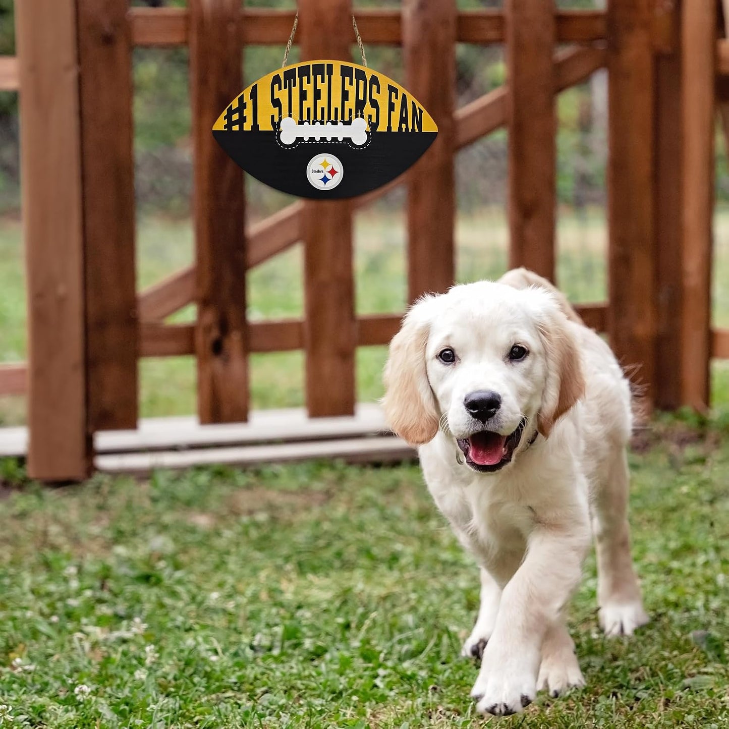 Letrero fútbol americano Steelers hueso perro madera