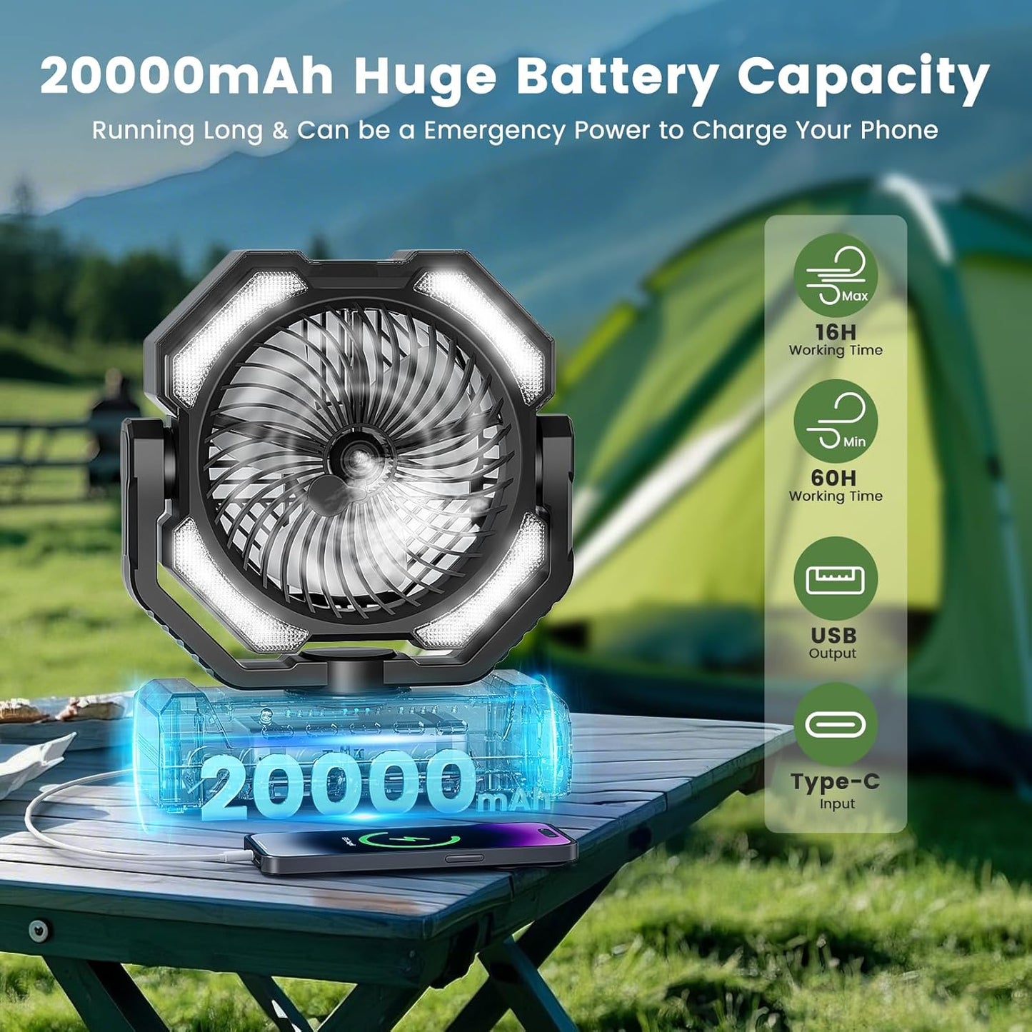 Ventilador neblina 20000mAh recargable USB con luz LED 250mL
