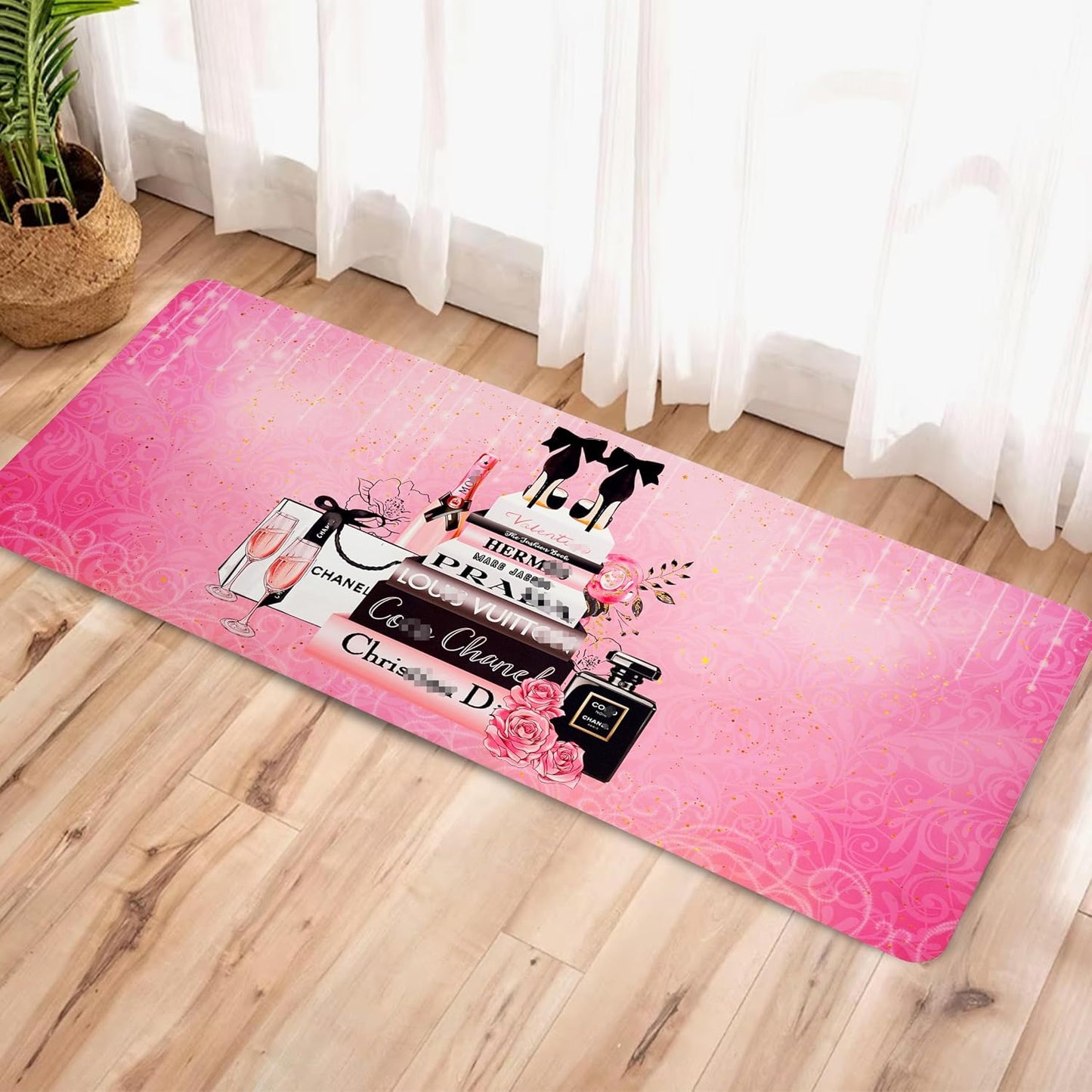 Tapete baño rosa diseño floral gamuza antiderrap 20x48pulg