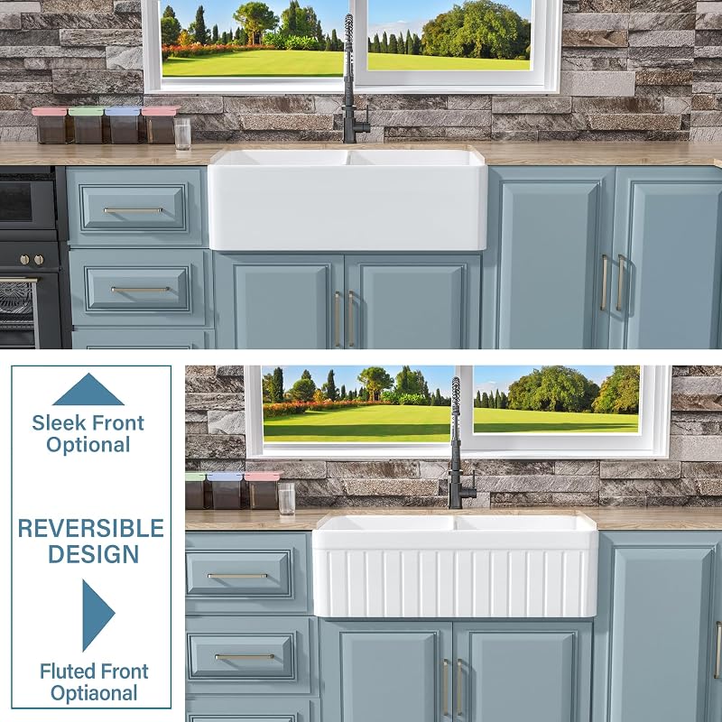 Fregadero de granja doble reversible 33x18pulg color blanco