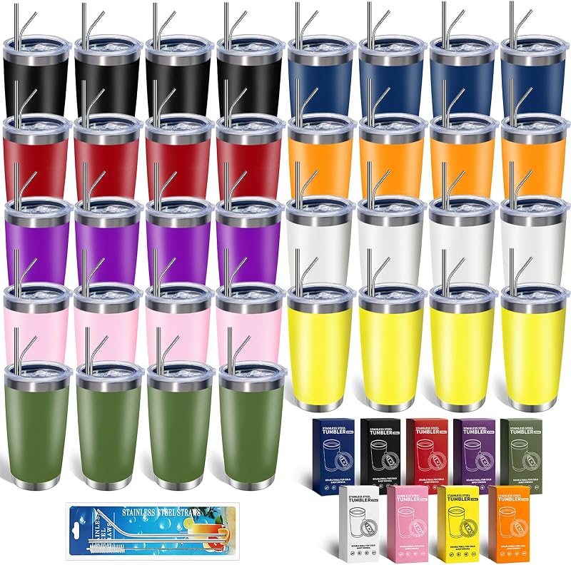 36 Vasos Acero Inox 20oz Doble Pared con Tapas