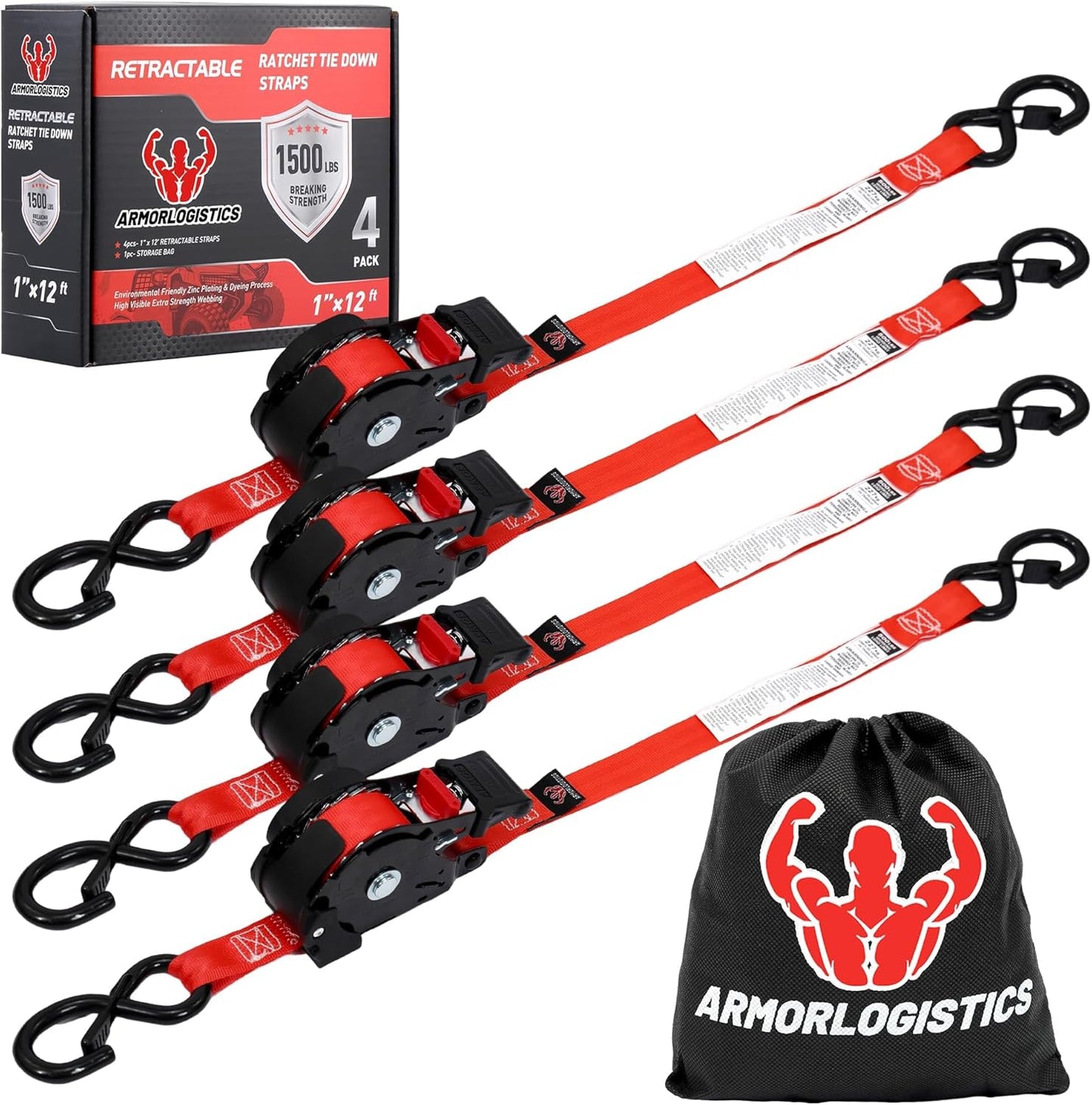 Correas trinquete retráctiles 1" x12ft 4 pzas 1500lbs