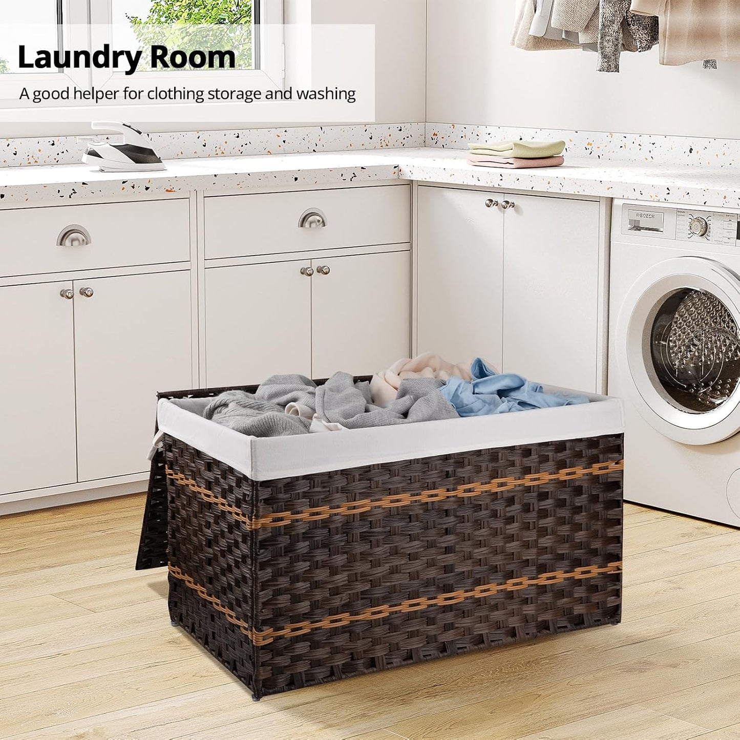Cesta almacenamiento mimbre sintético 160L asa marrón