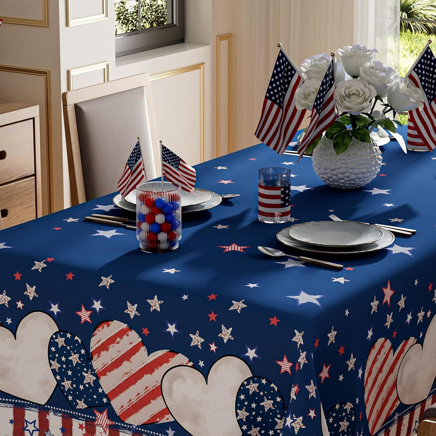 Mantel rectangular 60x120pulg estrellas corazones Día 4 Julio