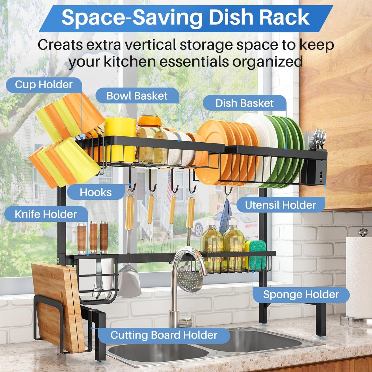 Estante secado platos encimera cocina metal negro ajustable