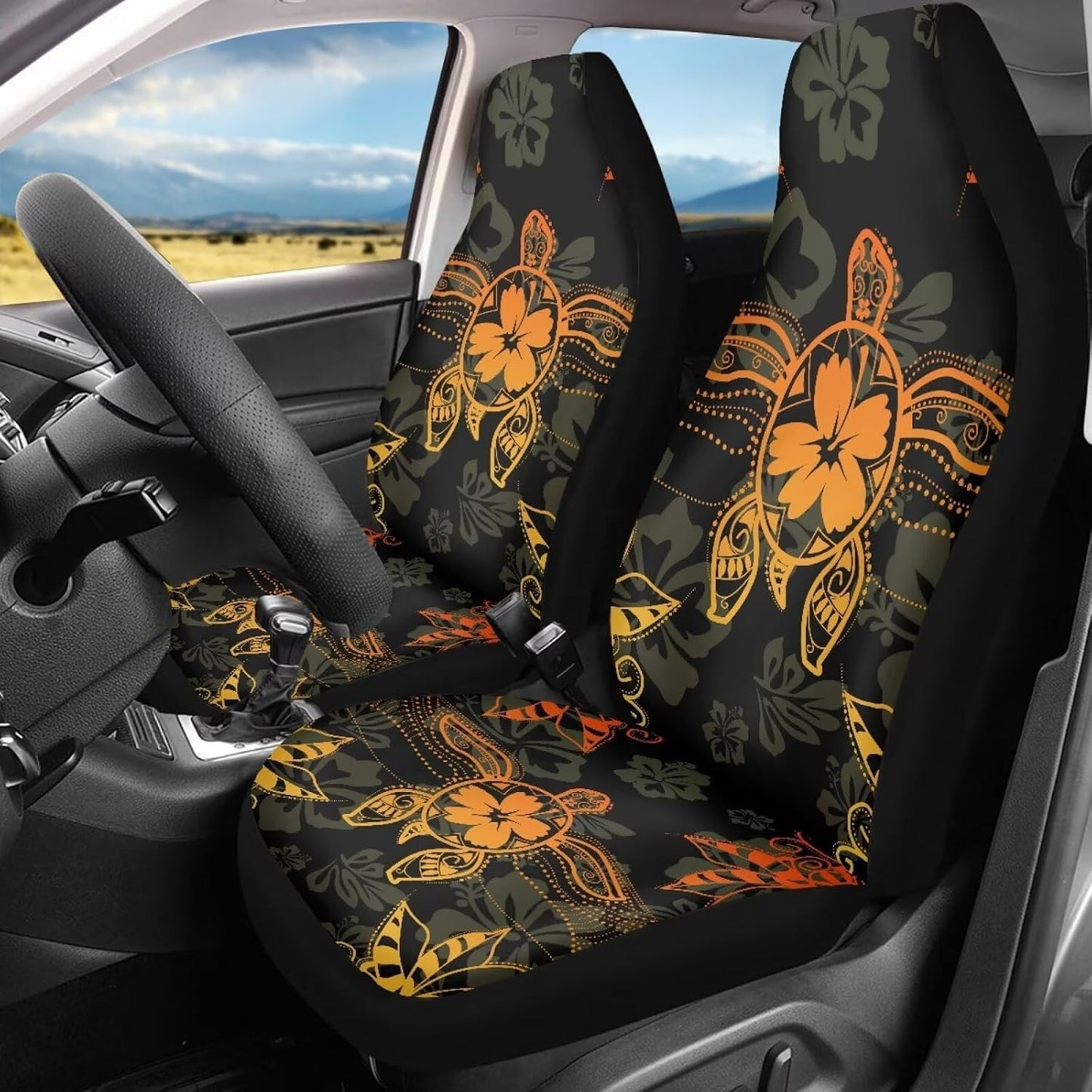 Fundas asiento coche estampado tortuga marina y flor naranja 2uds