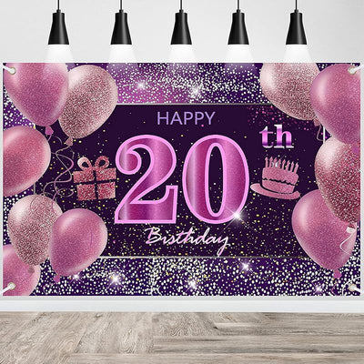 Decoración cumpleaños 20 años niña pancarta rosa telón fondo