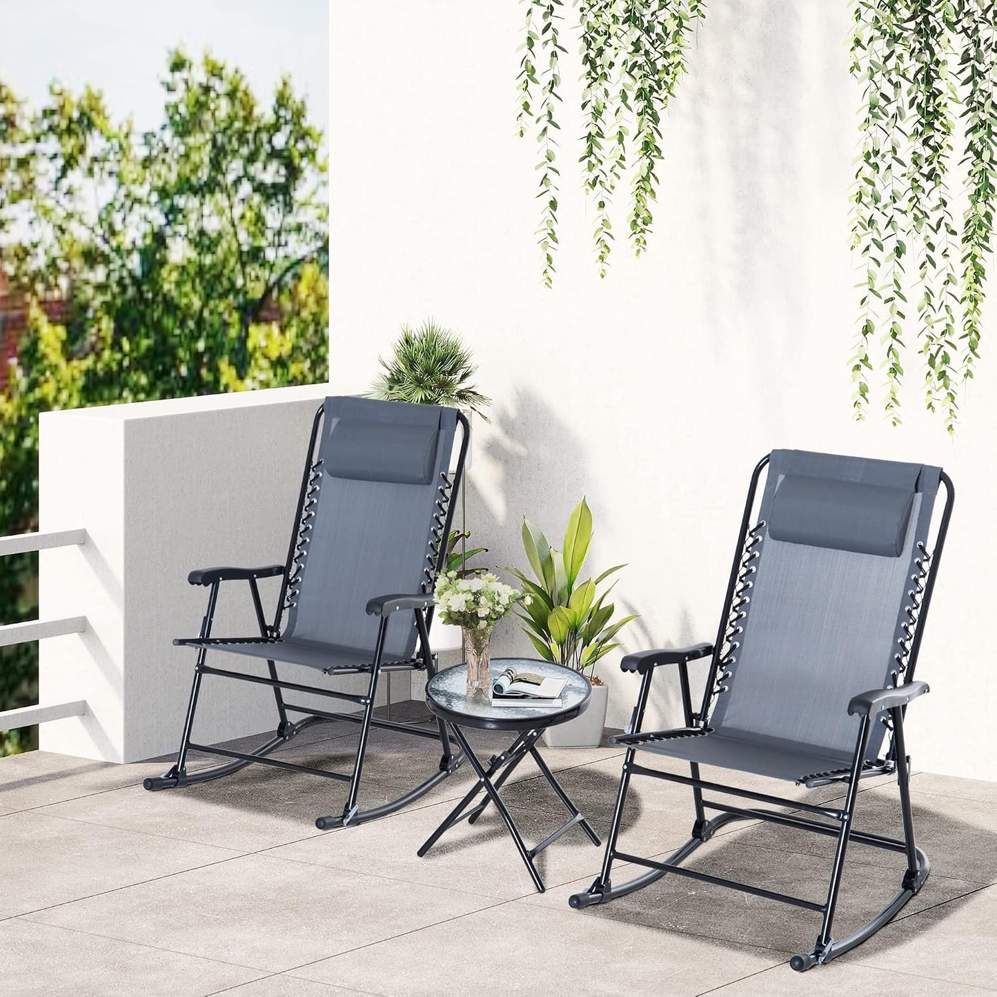 Set 3 Pzas Mesa Mecedora Plegable Cristal Gris