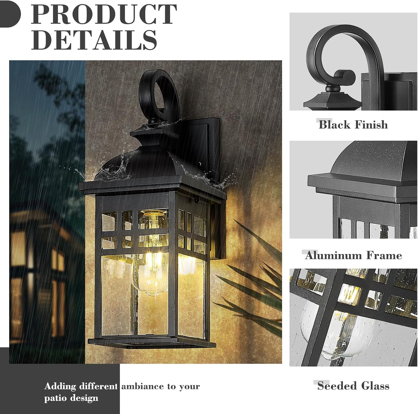 Luz exterior 15" casa DE279B BK vidrio sembrado negro