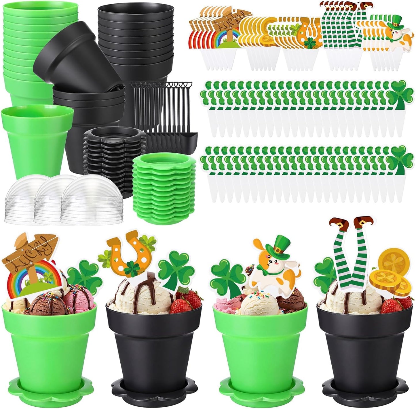 Set 24 Macetas Plástico con Adornos Trébol Fiesta