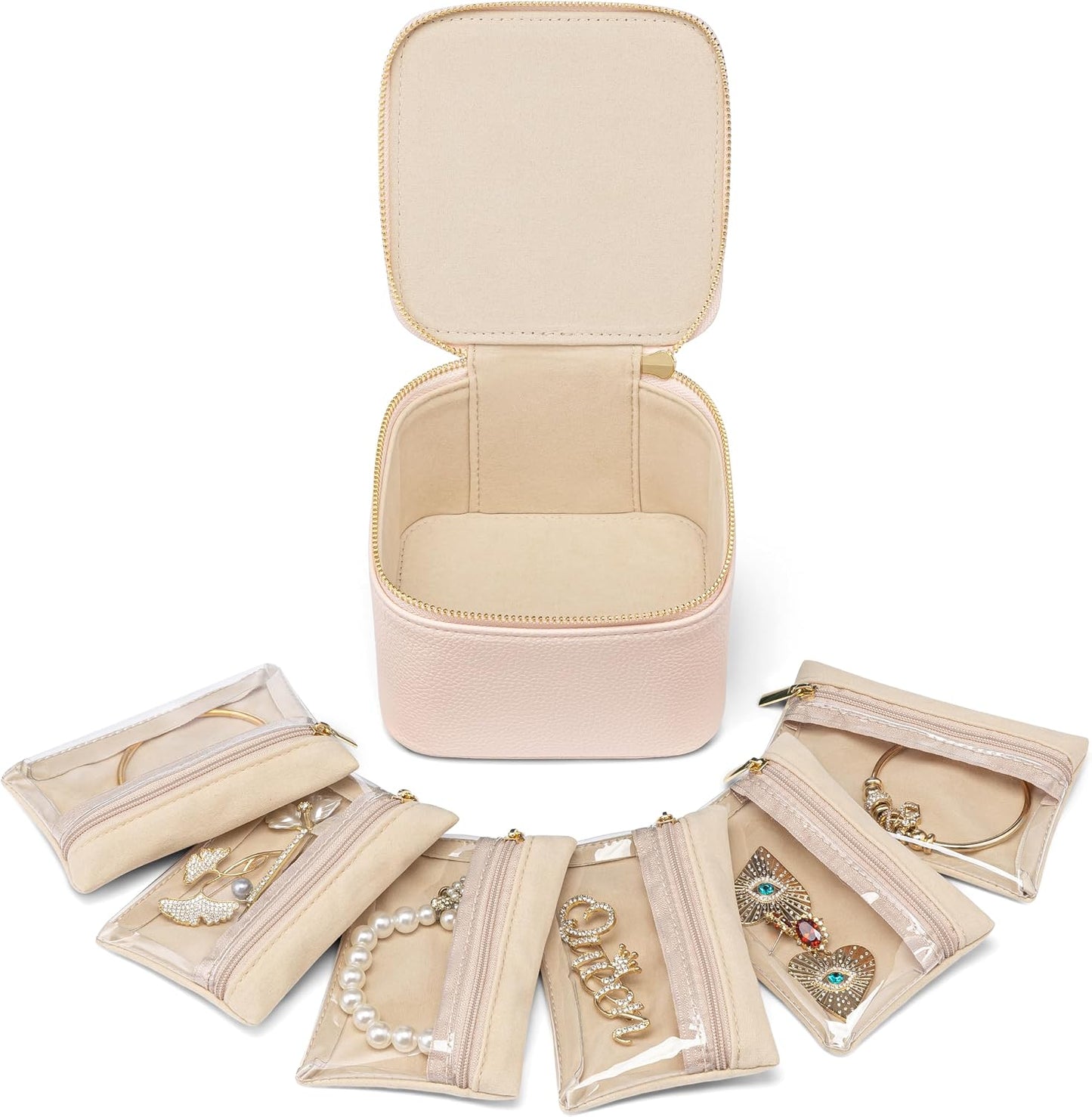 Estuche joyas viaje con 6 bolsas terciopelo para mujer y niña