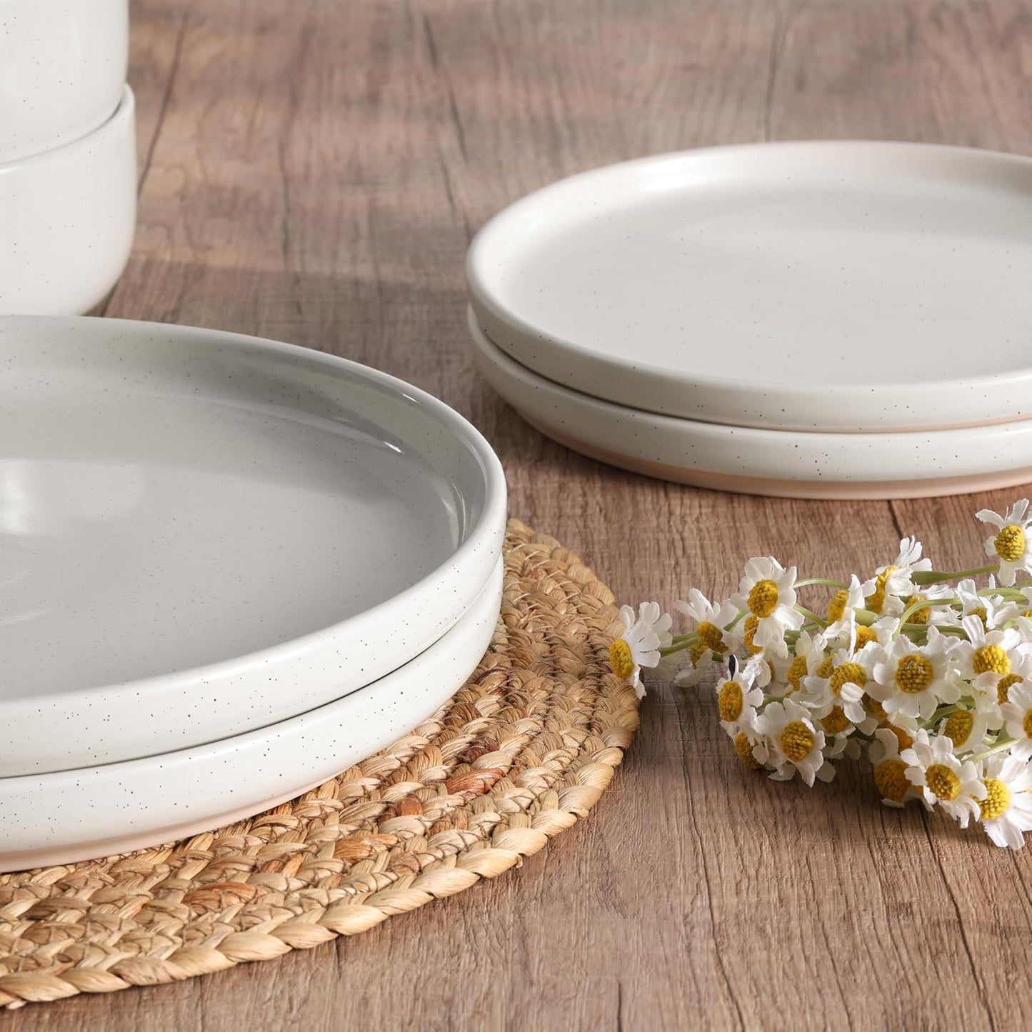 Set 6 Pzas Vajilla Gres Platos Cuencos Blanco Lechoso