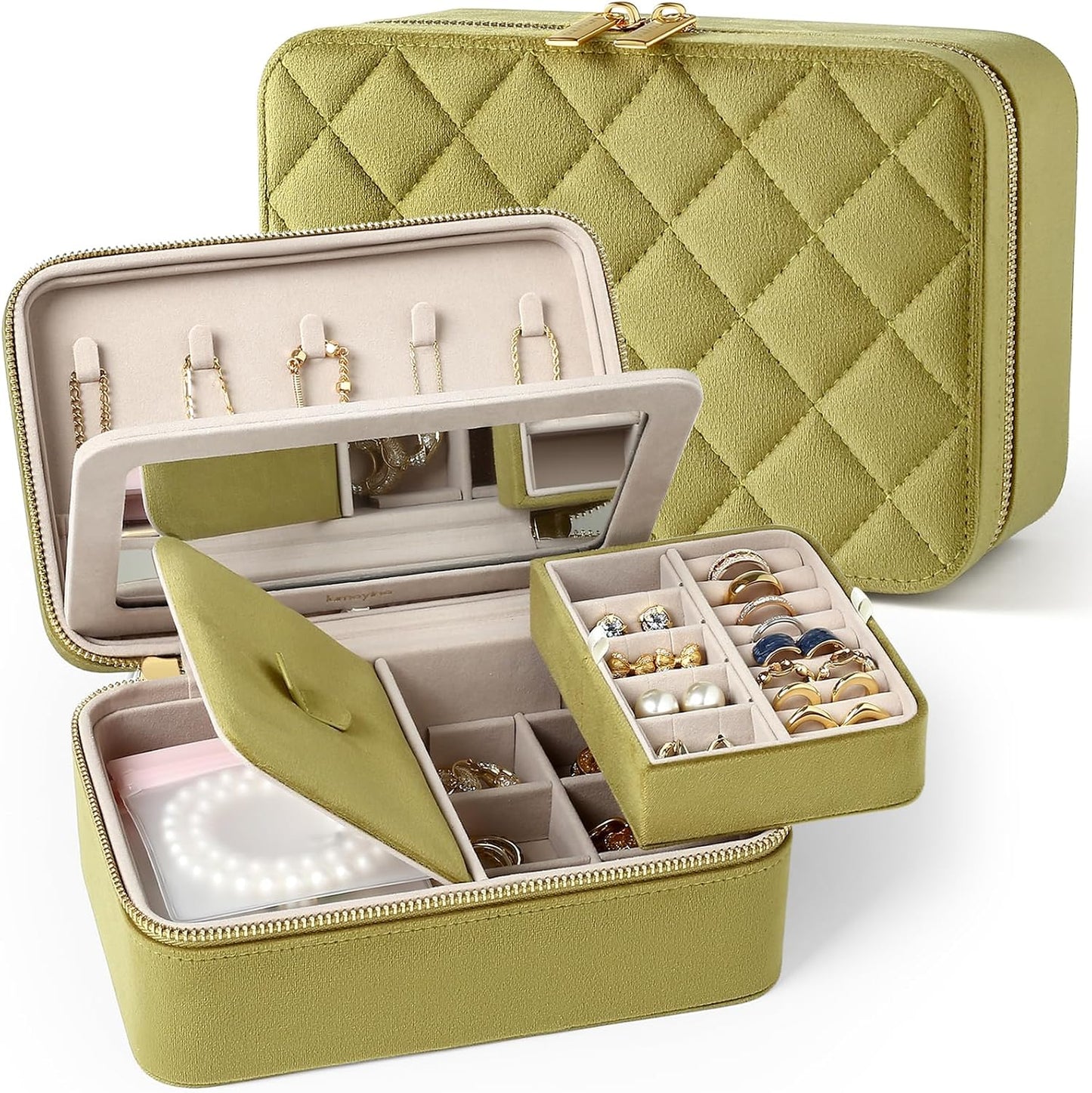 Caja terciopelo joyas viaje con espejo y 6 bolsas antióxido