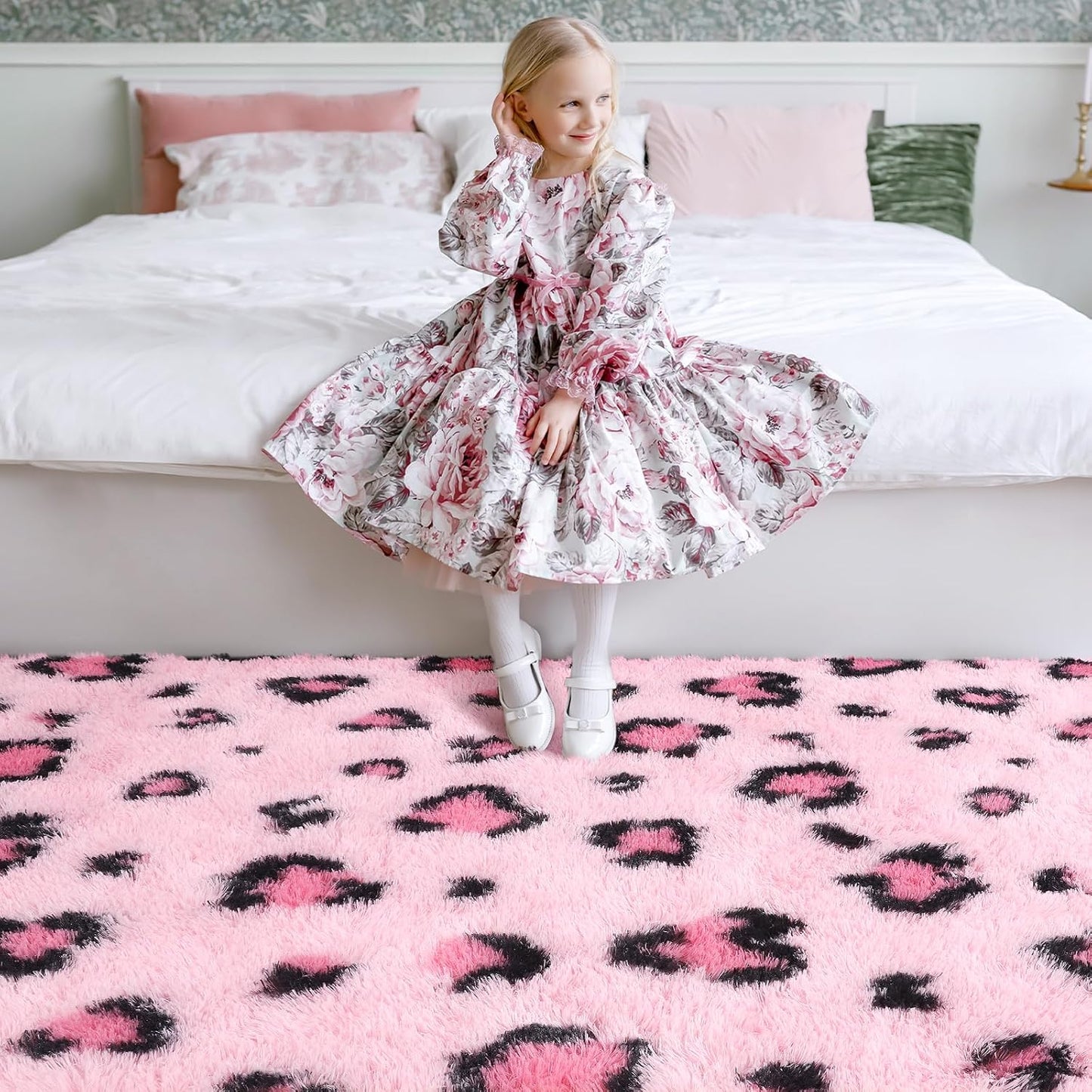 Alfombra antiderrap estampado leopardo rosa dormitorio niña