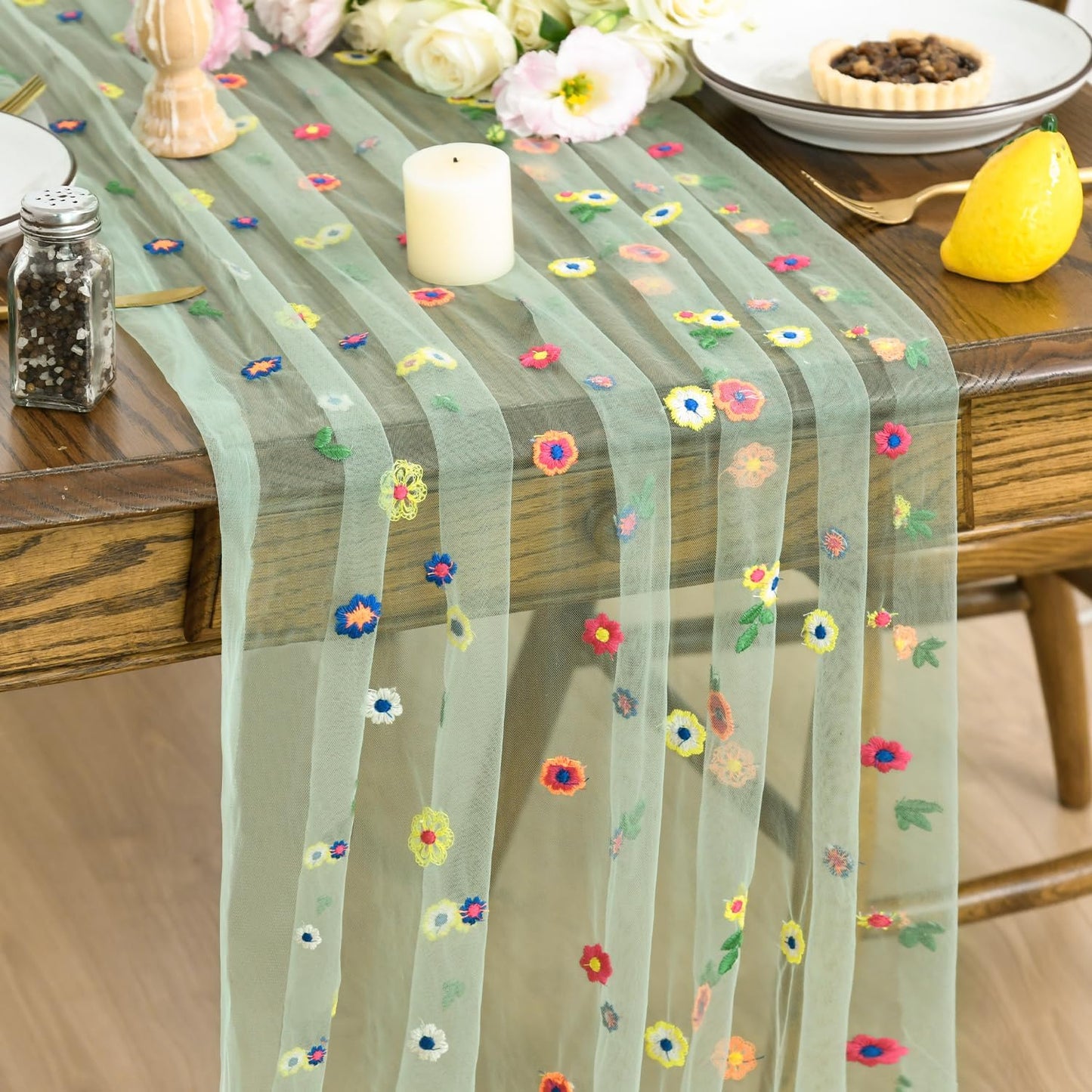 Mesa Camino Gasa Bordadas Verde Salvia 120pulg Comedor