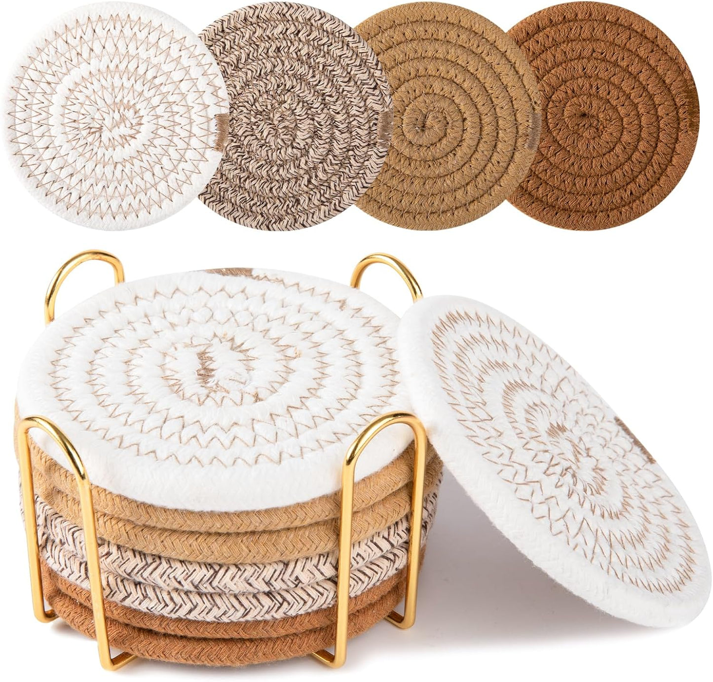 Set 8 posavasos algodón tejido con soporte para bebidas