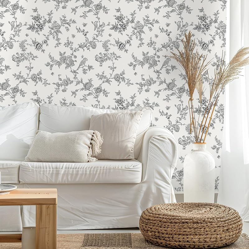 Papel tapiz bohemio senderos pájaros gris blanco 17.7x354"