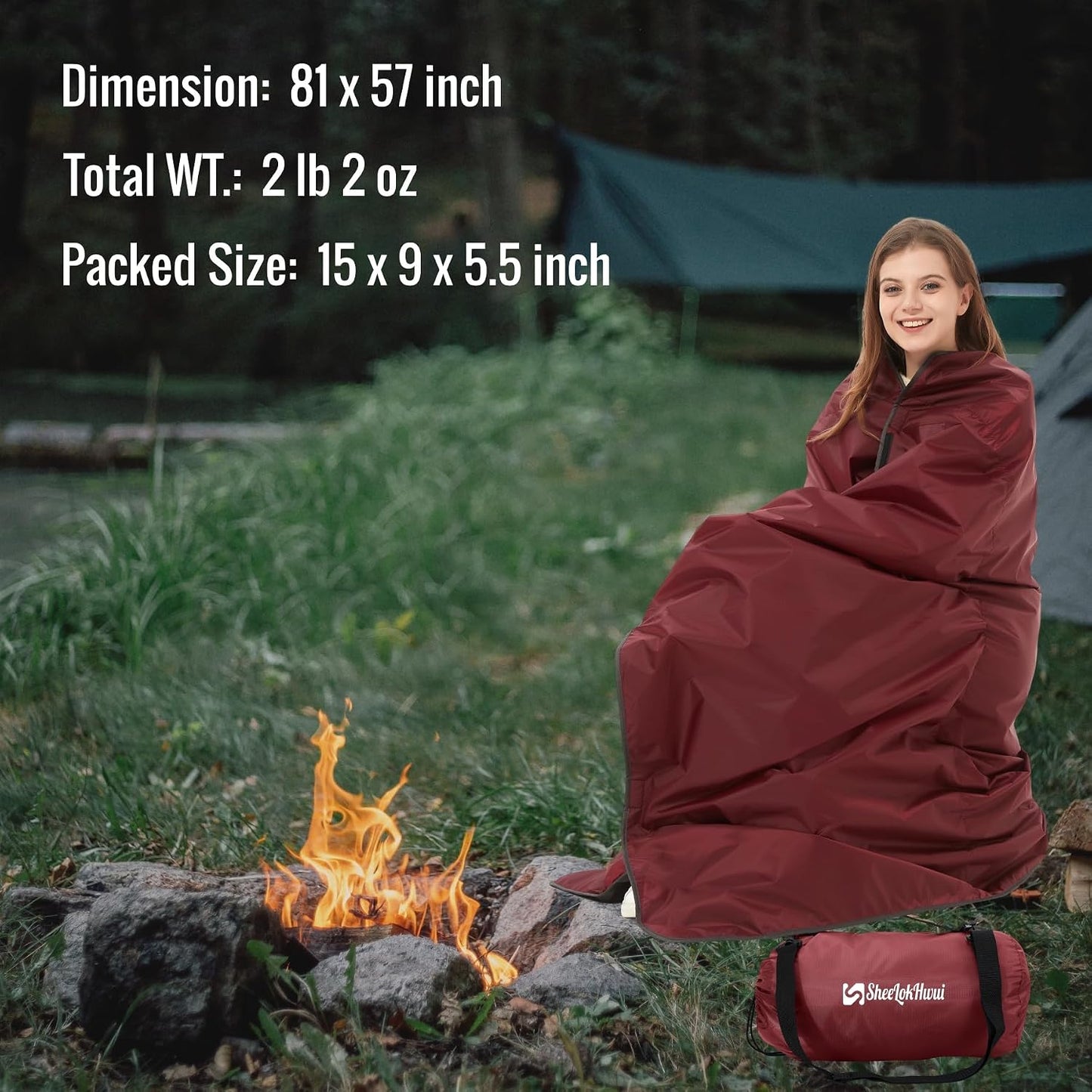 Manta camping 4en1 impermeable forro polar 81x57" rubí