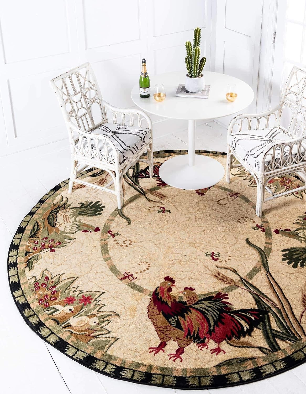 Alfombra área granja redonda 3ft3" crema/negro
