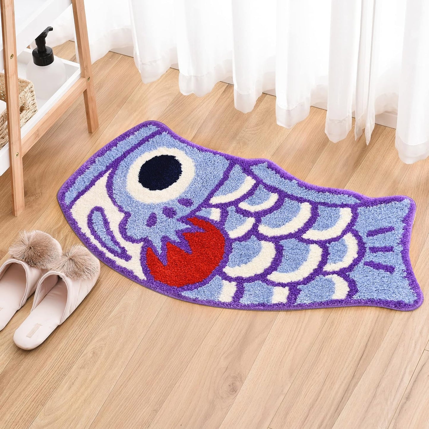 Tapete baño pez koi japonés antiderrap lavable morado