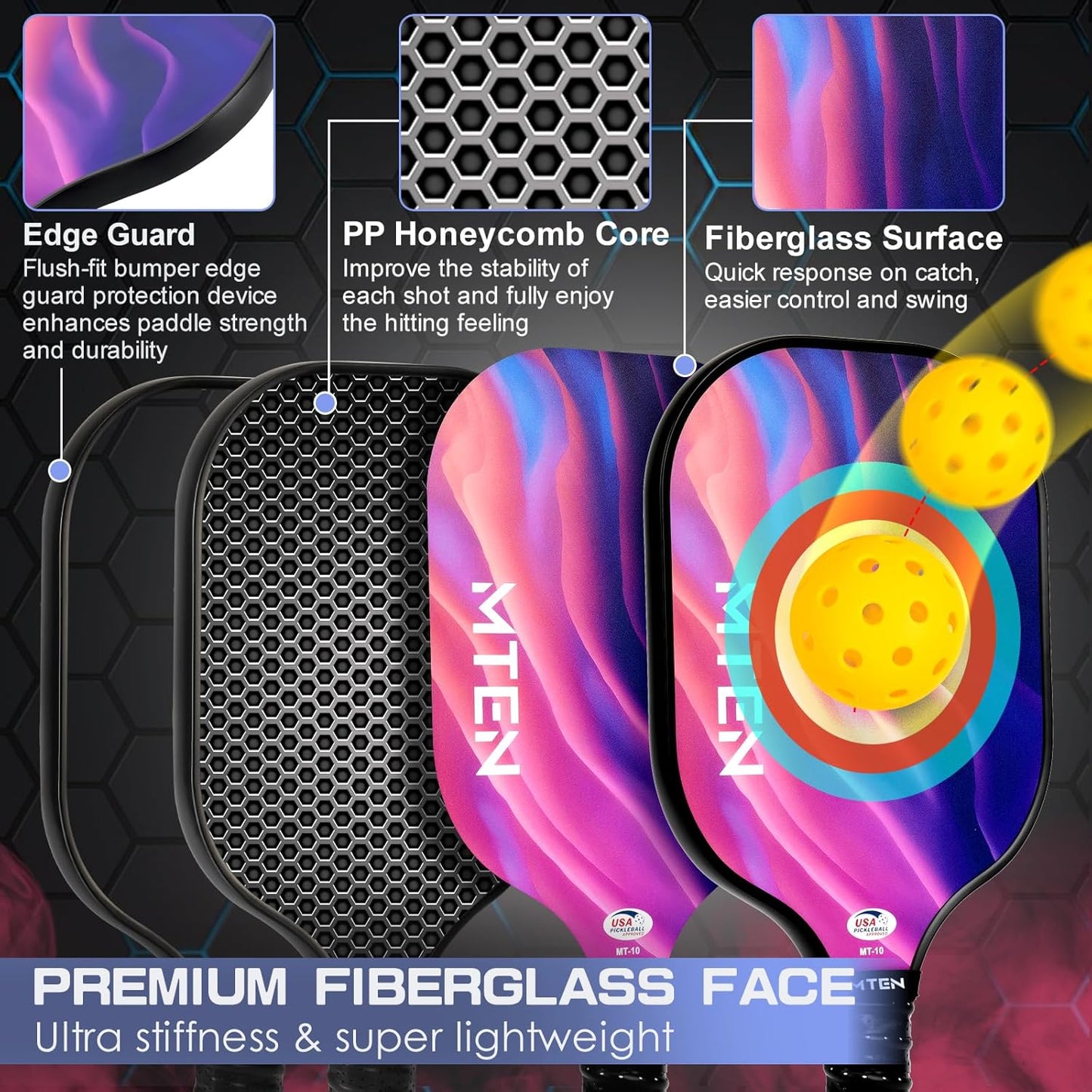 Set 4 paletas pickleball fibra vidrio USAPA 4 bolas bolsa