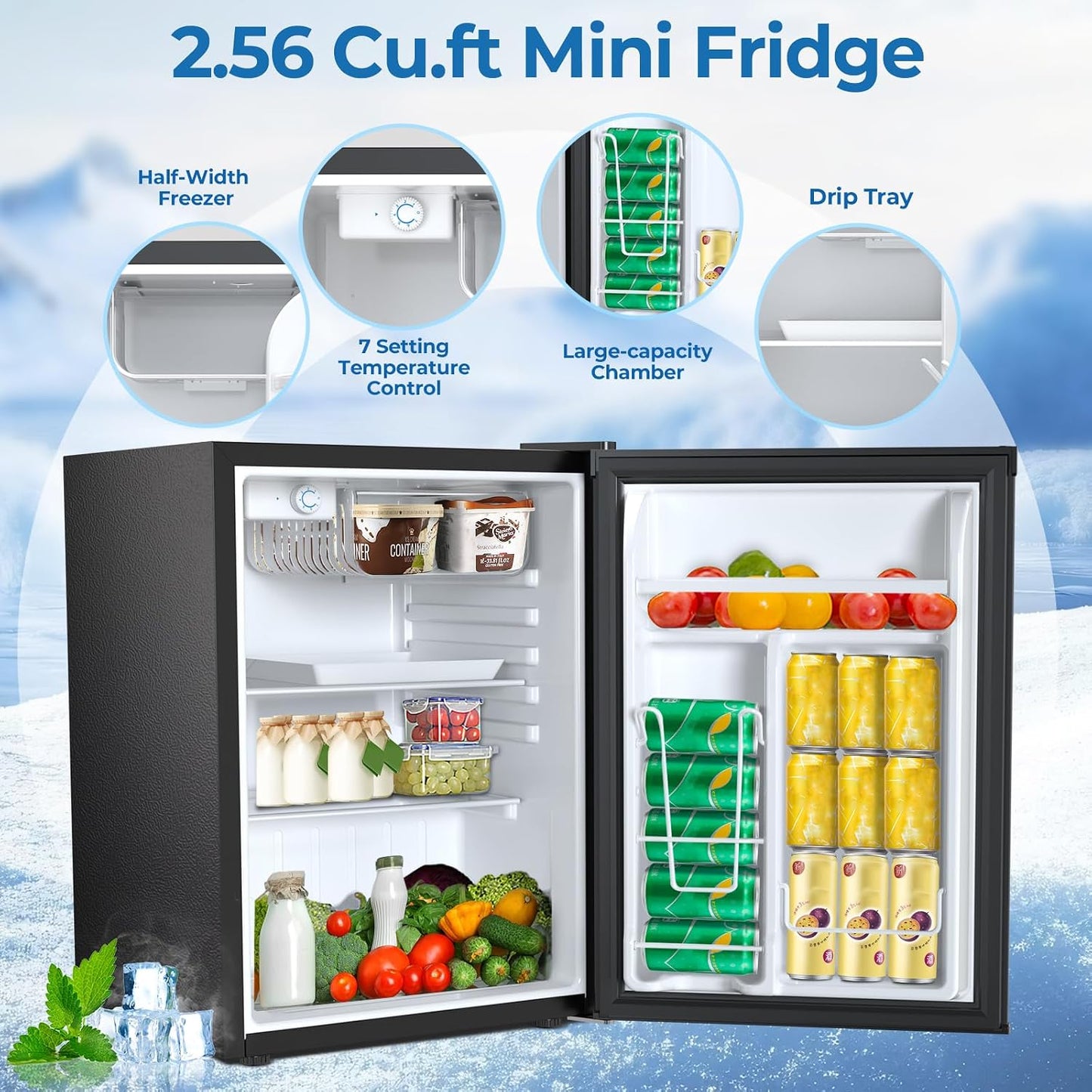 Refrigerador compacto 2.56ft³ puerta reversible negro