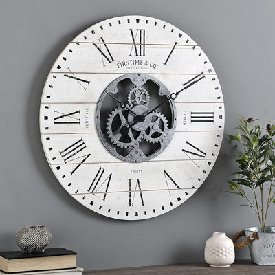 Reloj pared Shiplap Gears blanco vintage redondo madera