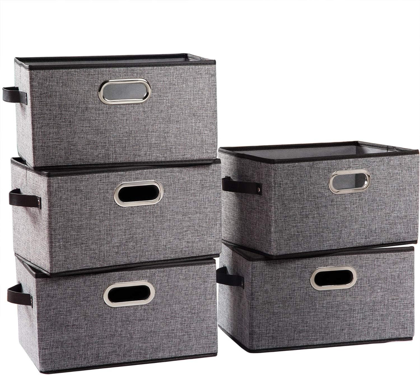 5 Cestas plegables tela lino asas cuero gris sala