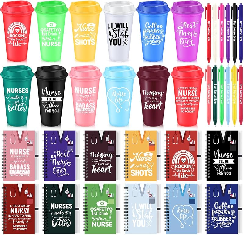 36 Vasos Plástico 16oz con Tapa y Cuadernos para Enfermeras