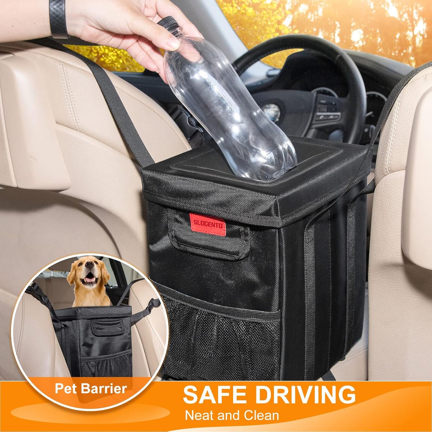 Bolsa basura colgante auto con tapa y bolsillos