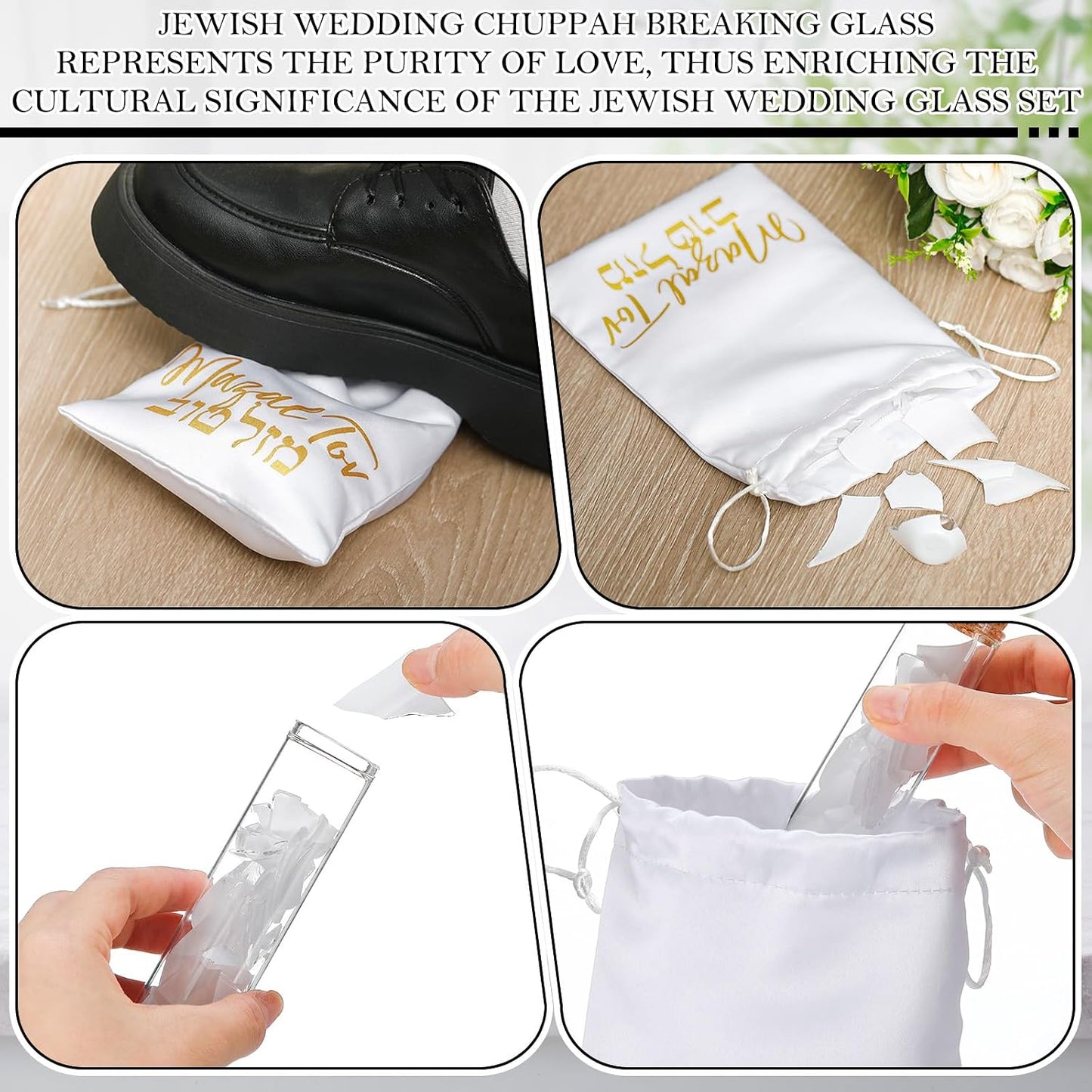 Set 3 vasos chuppah boda vidrio bolsa seda