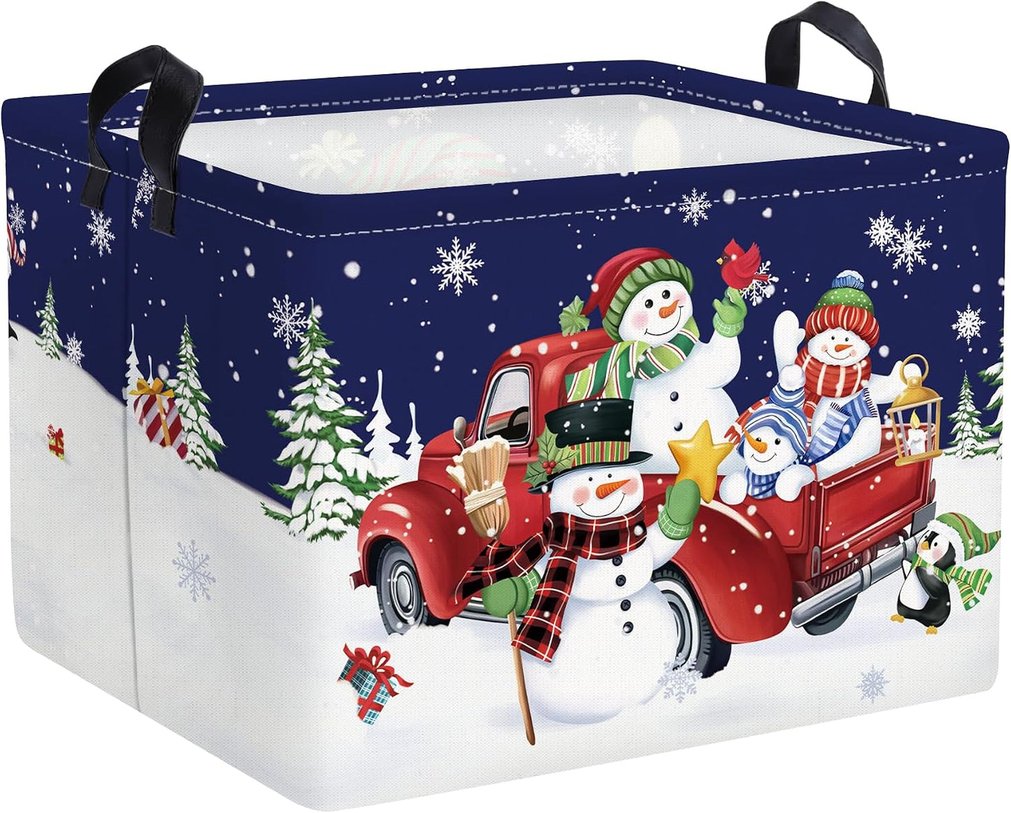Cesta de navidad con gnomo, pingüino y muñeco de nieve