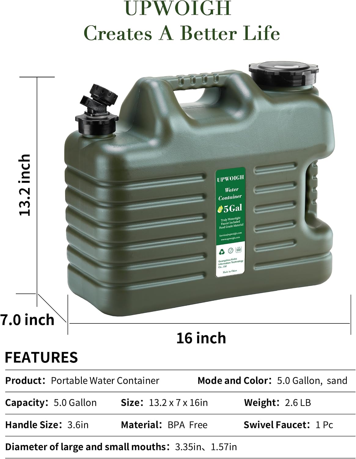 Jarra agua 5gal sin BPA con grifo portátil verde