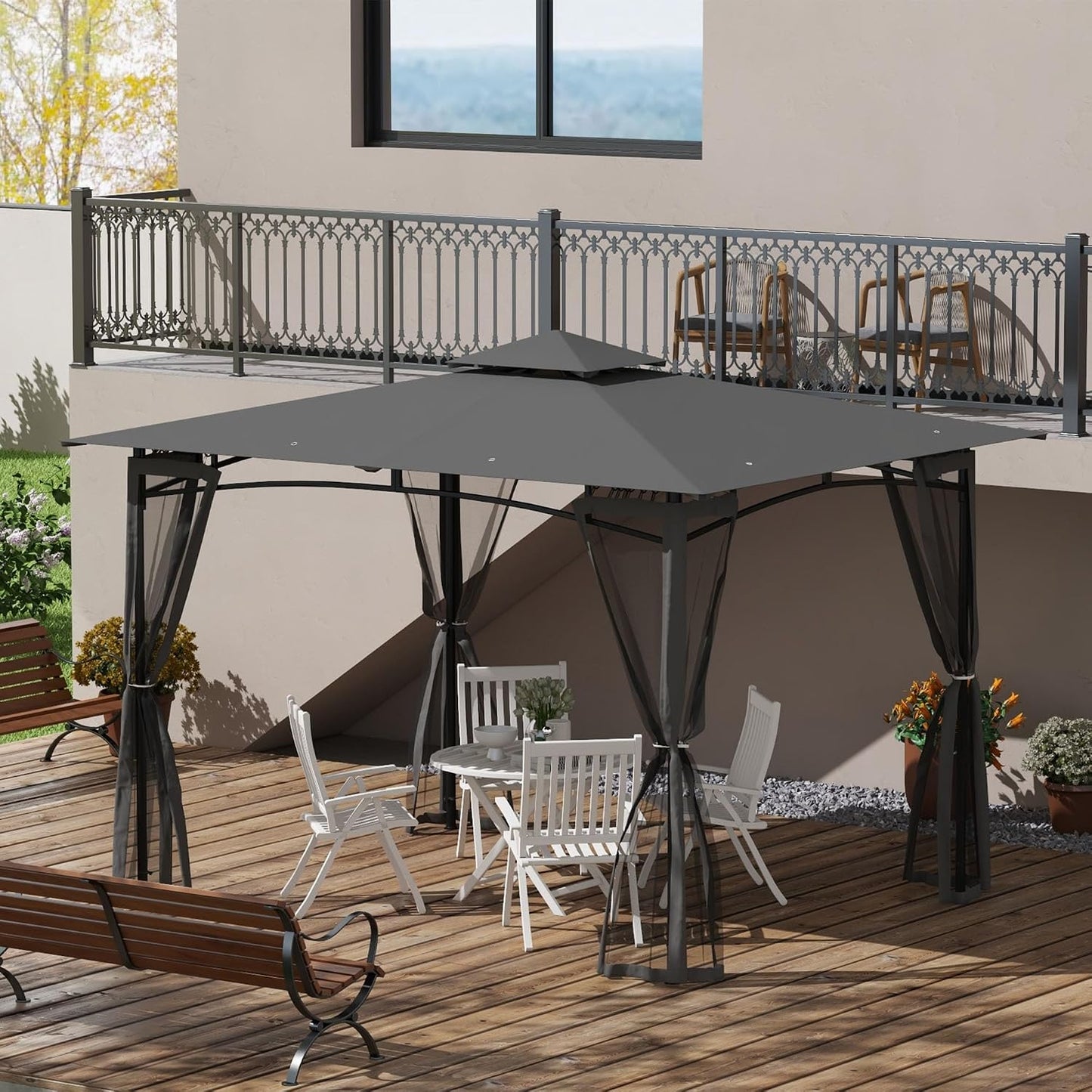 Cenador patio 10x12ft toldo doble metal gris