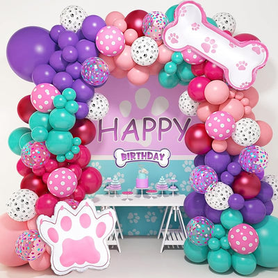 Kit arco guirnalda 147pzas globos pata perro rosa morado turquesa