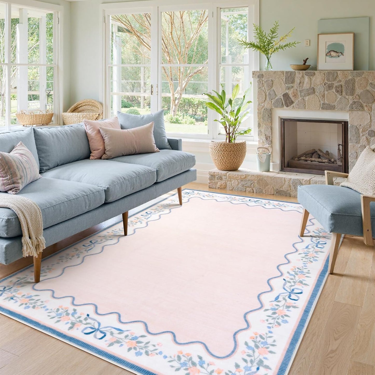 Alfombra bohemia festoneada dormitorio niña 5x7ft lavable
